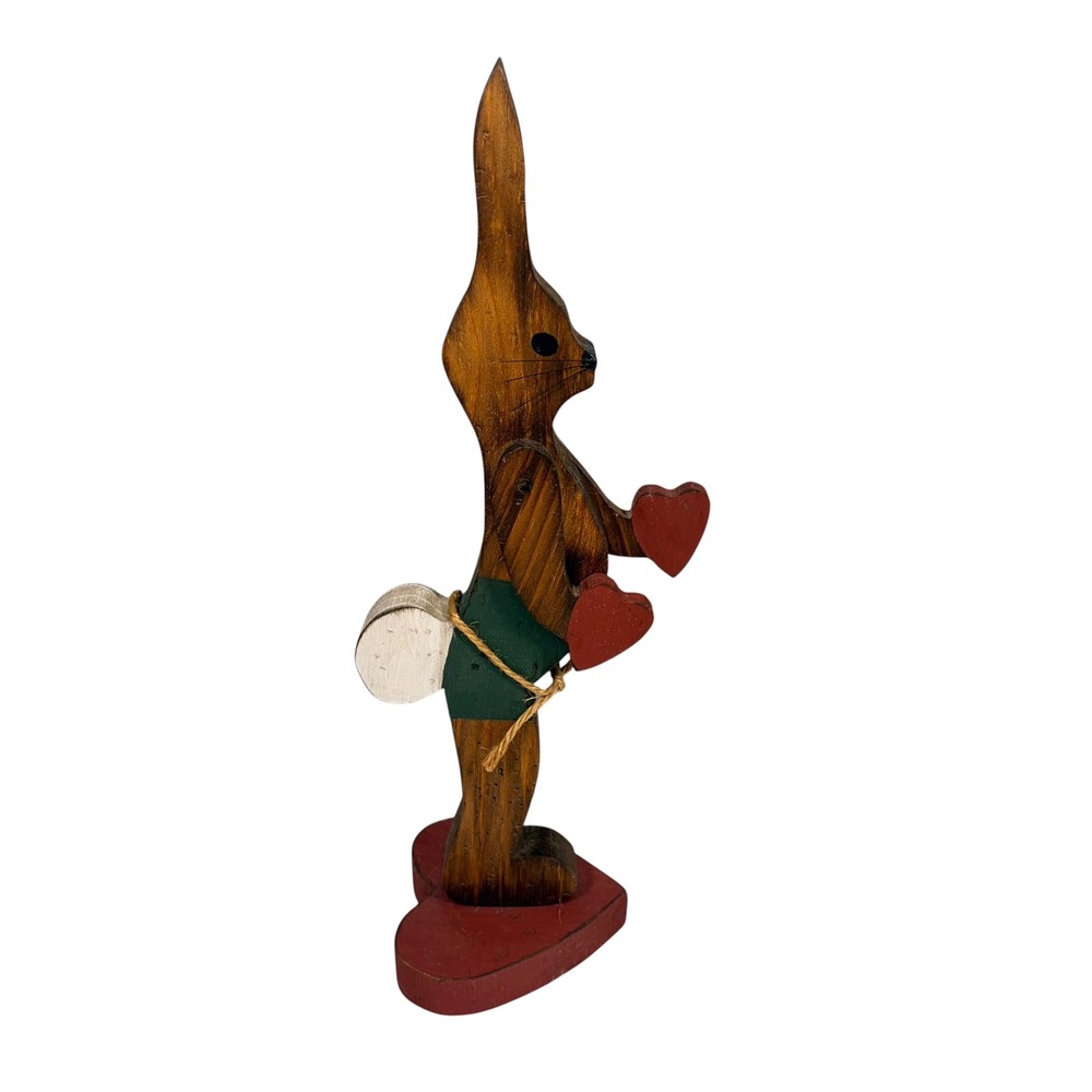 Vintage Folk Art Wooden Bunny Rabbit with Hearts Figurine 12.5" Primitive - Picture 1 of 13